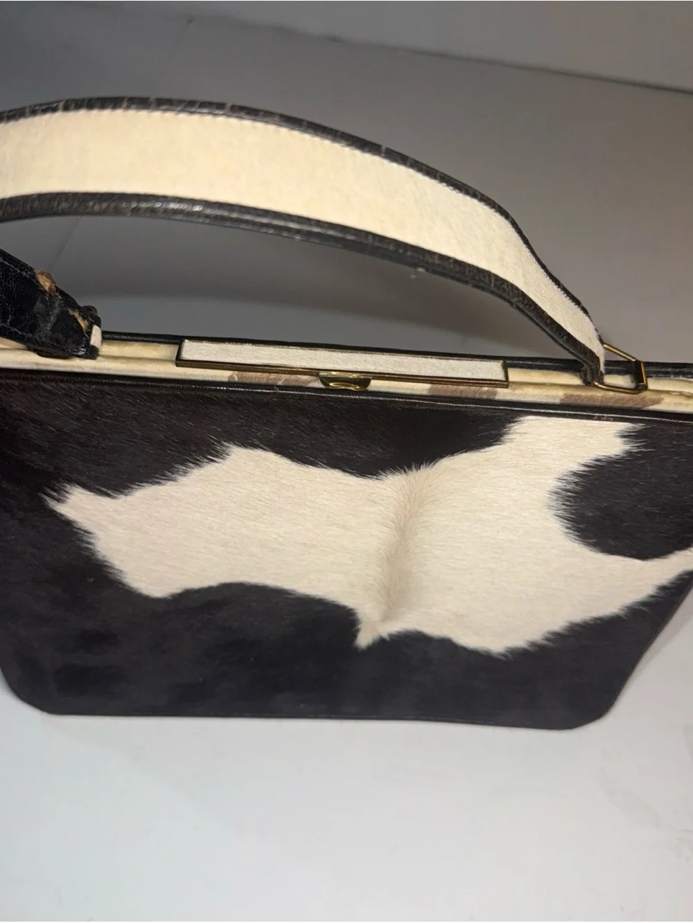 Black and White Cowhide Shoulder Bag with Top Handle